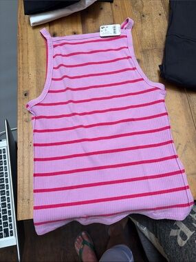 We The Free Pink Ribbed Tank with Hot Pink Stripes
